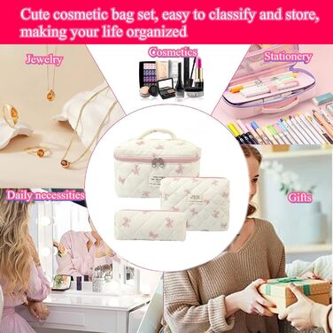 Набір косметичок з квітами для дівчаток, набір культуртреш для жінок, степкова косметичка для макіяжу, бавовняний культуртреш, косметичка Coquette, естетичні речі Clean Girl, косметична сумка (біло-рожева стрічка)