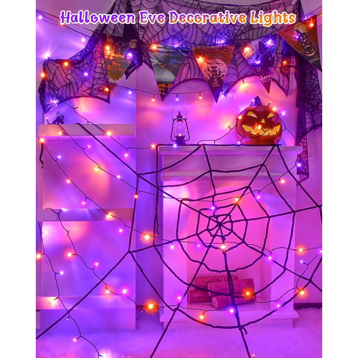 Гірлянда на Хелловін, 30м, 300 LED, оранжево-фіолетова, з функцією пам'яті та таймером, 8 режимів освітлення, вологостійка, для декорування інтер'єру та екстер'єру