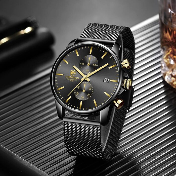 Годинник чоловічий GOLDEN HOUR стильний мінімалістичний кварцовий аналоговий з металевим браслетом, водостійкий хронограф (Новий золотий, чорний)