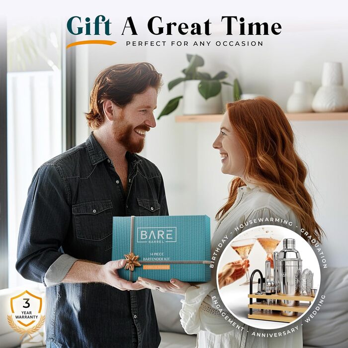 Bare Barrel Mixology Bartender Set - 14 Piece Cocktail Shaker Set with Recipes - Home Bar Accessories & Gift Set