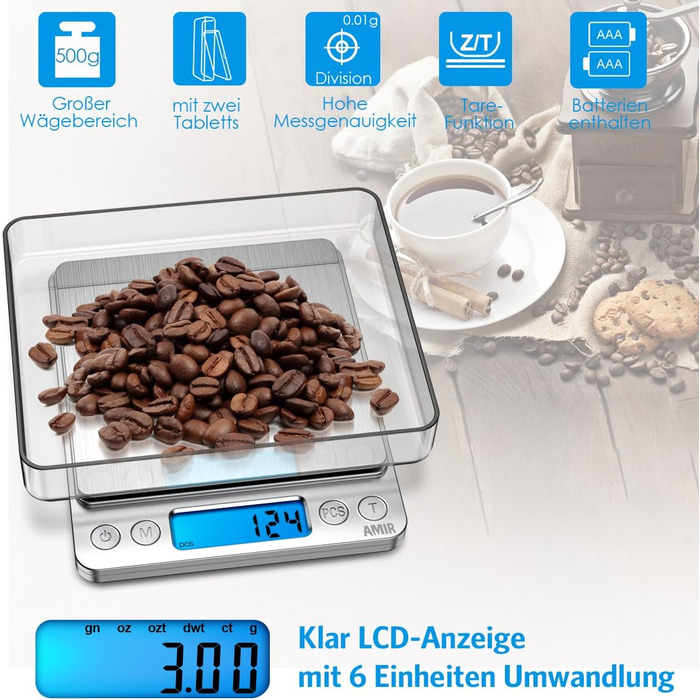 Електронні ваги AMIR 500г з точністю 0.01г: цифрові, для зважування, з функцією Tara, LCD-дисплей, конвертація одиниць, автоматичне вимкнення, сріблясті