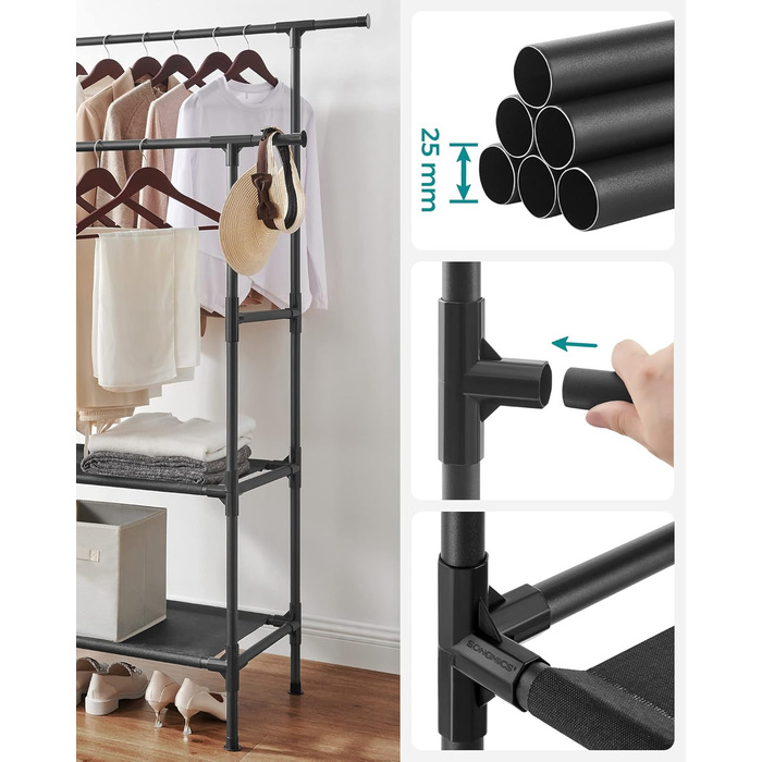 SONGMICS Стійка для одягу металева, з 2 перекладинами та 2 полицями, біла, до 70 кг, RDR02WT (Чорний)