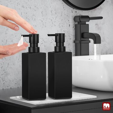Дозатор для мила GMISUN для ванної кімнати та кухні, 350 мл, чорний скляний диспенсер з піддоном та водонепроникними етикетками (2 шт)