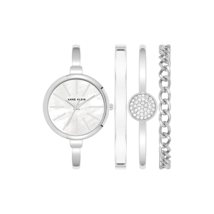 Жіночий набір Anne Klein: годинник-браслет та комплект браслетів, сріблястий/білий