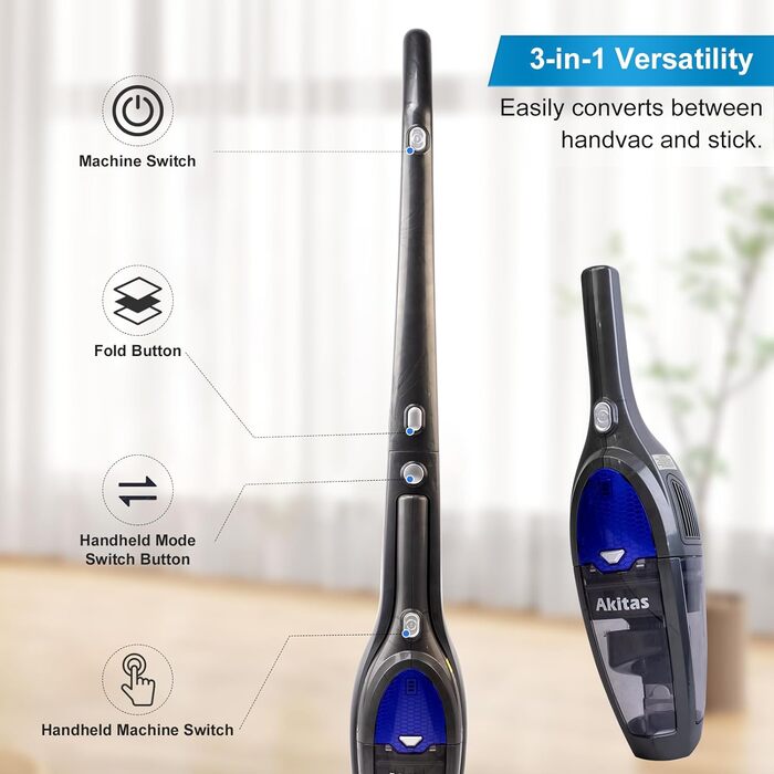 Акіта Бездротовий акумуляторний пилосос 3 в 1: ручний та вертикальний. Легкий, 22.2 В, 150 Вт, для підлоги, килимів, шерсті тварин. (AKU10)