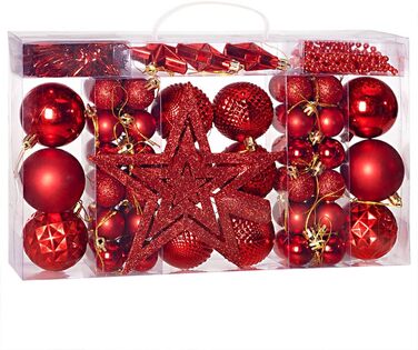 DEUBA® Новорічні кулі 66 шт. Ø 3-6 см, пластик, матові/глянцеві, прикраси для ялинки, новорічний декор (червоні)