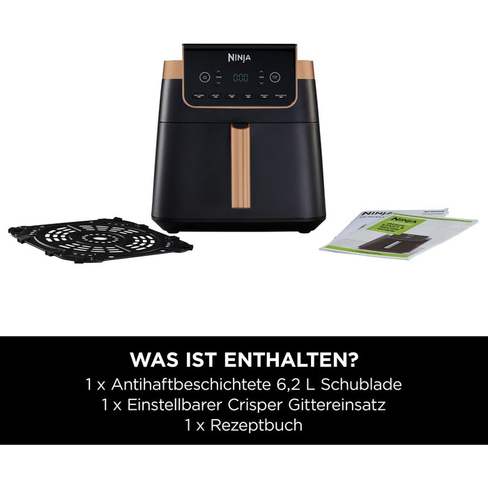 Ninja Air Fryer MAX PRO, 6.2 L, Oil-Free, Large Drawer, Roasting, Baking, Air Fry, Non-Stick Coated, Dishwasher-Safe Basket & Crisper Grate Insert, Silicone Tongs, Black/Copper, AF180EUCP Single 6.2L Copper/Black