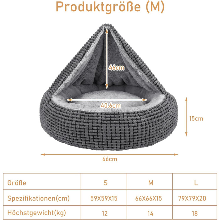 Ліжко для собак та котів середніх порід JOEJOY, кругле, з ковдрою, 66x66x15 см, сіре