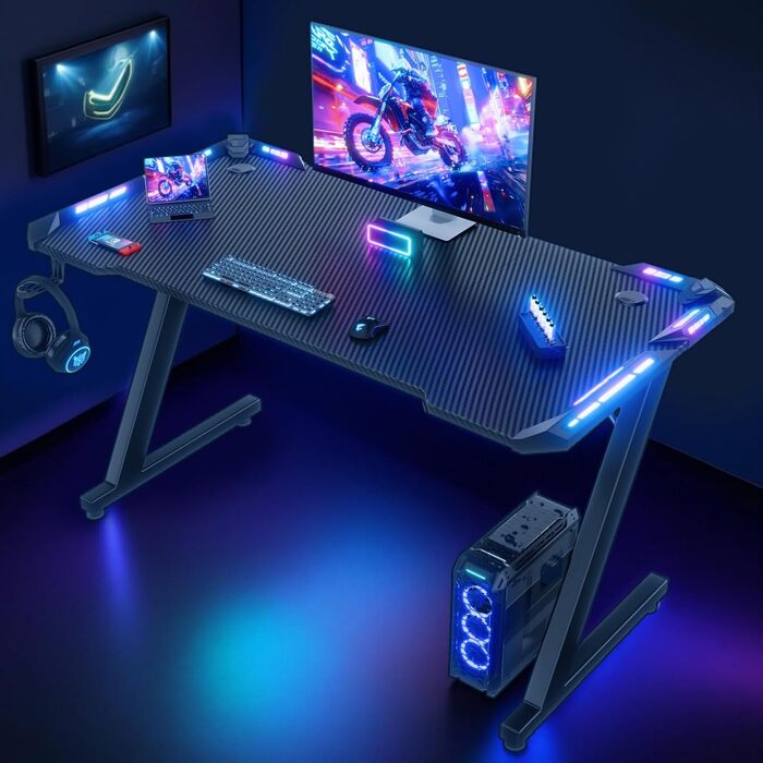 Ігровий стіл Homall з RGB LED-підсвіткою та підстаканником, 140x60 см, чорний