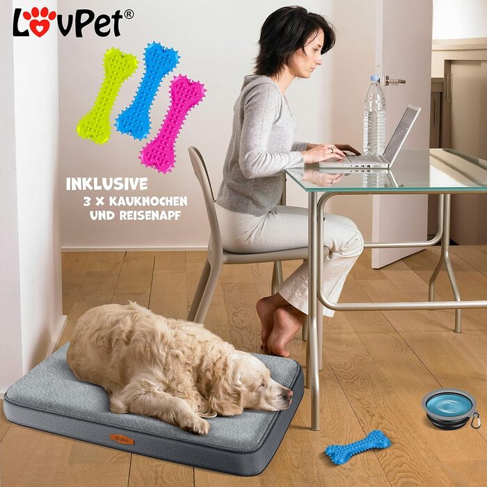 Lovpet® Orthopedic Dog Bed, Dog Cushion, Dog Basket Cookie, Incl. Bowl + 3X Chew Bones, Dog Sofa for Small, Medium & Large Dogs, Removable and Washable Cover, L 91x69x7.6 cm Anthracite