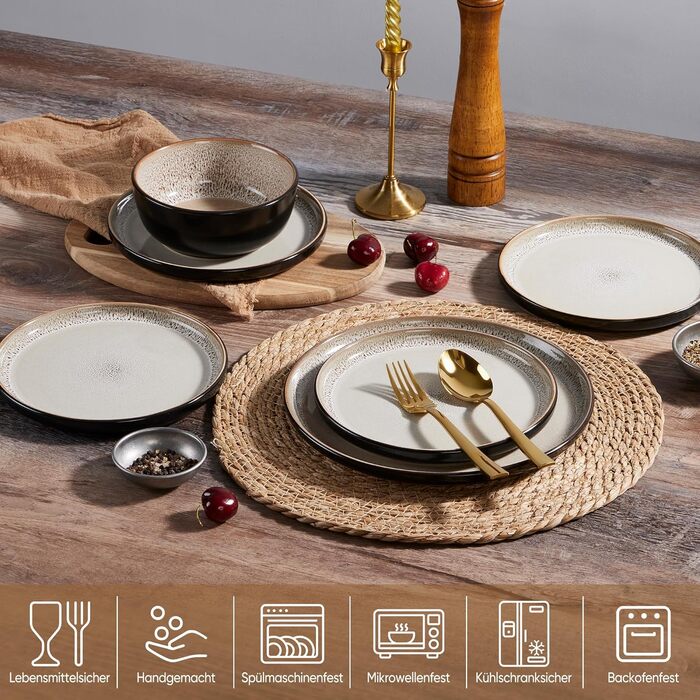 Набір посуду HaWare на 6 осіб, 18 предметів: тарілки, десертні тарілки, миски. З реактивною глазур’ю, стійкий до миття в посудомийній машині та використання в мікрохвильовій печі, бежевий колір.