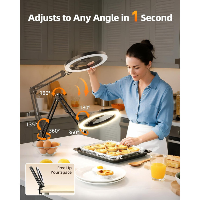 Настільний штатив з кільцевим світлом для кухні та фуд-відео – 10 дюймів | Штатив з кільцевим світлом для зйомки їжі, рецептів, відео та стріму