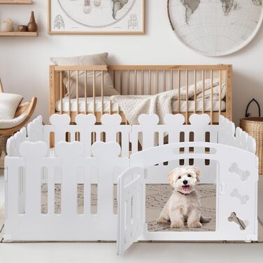 Льох для цуценят MAMIZO 60 см, огорожа для собак з пластикових панелей, портативна сітка для собак, загородження для собак з воротами, включає присоски та ґрунтові анкери, вольєр для собак для дому та вулиці (7+1, білий)