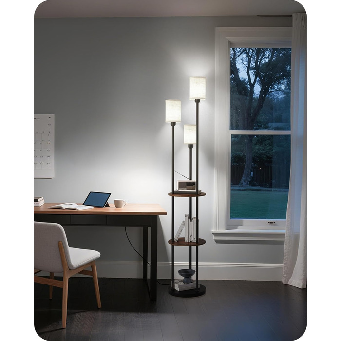 Стельова лампа для вітальні з поличкою, 3-хламкова, вінтажний стиль, бохо, з дерева, з вимикачем на ніжці, E27, ретро, коричнево-бежева ZEF53LDD05