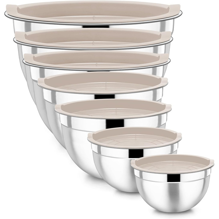 Homikit Mixing Bowls, 7-Piece Stainless Steel Bowl Set with Airtight Lid, Stackable Salad Bowl for Cooking/Baking/Serving, Dishwasher Safe, 6.5/4.5/2.7/2.5/1.5/1.2/0.7L, Khaki