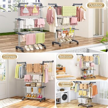 Сушарка для білизни 4-ярусна великої місткості з роликами, стабільна з нержавіючої сталі, для дому/на вулицю, сірого та чорного кольорів