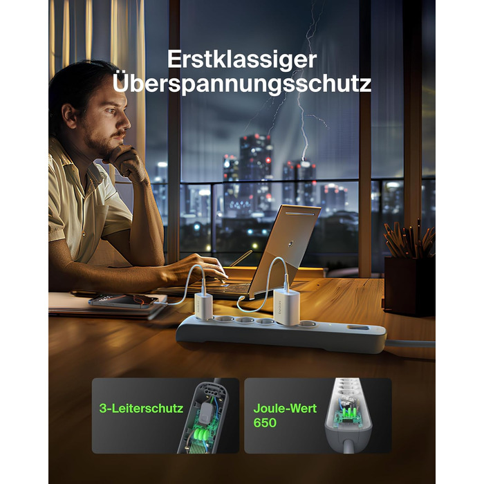 Захисна мережева стрічка Belkin 6-fach з USB, 6 розеток, 650 Дж, 2 м, для дому та офісу