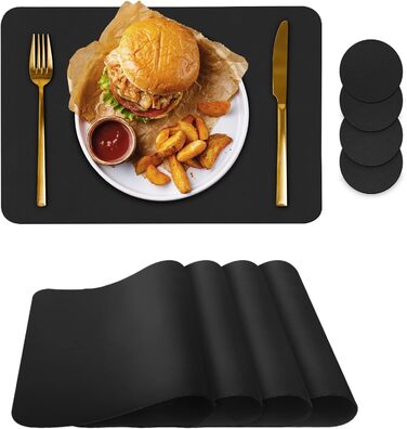 Placemat Set, 4 Pieces, Placemats with Coasters, Heat-Resistant, Scratch-Resistant, Non-Slip, Waterproof, Oil-Resistant, Washable, Wipeable, Kitchen Decoration and Kids (black, 4)