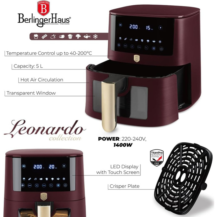 Фритюрниця Berlinger Haus Leonardo Collection 5L з цифровим дисплеєм та 8 автоматичними програмами, 1400 Вт, без олії
