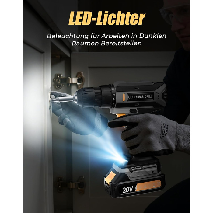 Акумуляторний шуруповерт/дрель 20V, 56 шт. в наборі, 42Nm, LED-підсвітка, сірий колір, для ремонту та DIY-проєктів