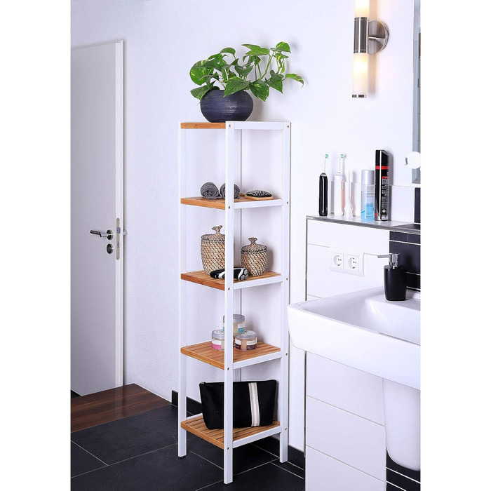 dibea Bathroom Shelf with 5 Shelves, Living Room Shelf, Standing Shelf, Bamboo Shelf, Bathroom Shelf, Book Shelf, Corner Shelf, Kitchen Shelf, 33x33x146 cm, natural/white