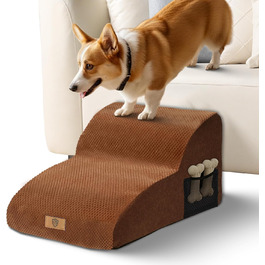 Сходинки для собак Eukue - 2 сходинки для маленьких собак, для ліжка та дивану, з високощільним пінополіуретаном, портативні, знімний, пральний чохол (білий) (коричневий)