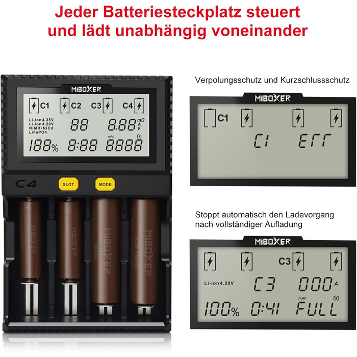 Зарядний пристрій для акумуляторів 18650 з 4 слотами, LCD-дисплеєм, для Li-Ion, LiFePO4, NI-MH, NI-Cd, AA, AAA, C, 18350, 18500, 18700, 20700, 21700, 26650, RCR123