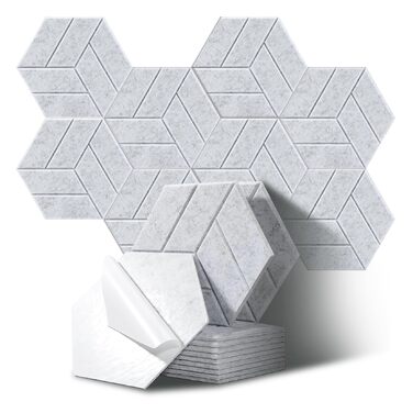 Акустичні гексагонні панелі самоклеючі, звукопоглинаючий пінопласт для стін у студію, офіс та ігрову кімнату, сірі (30x26x0.9 см), 12 шт.