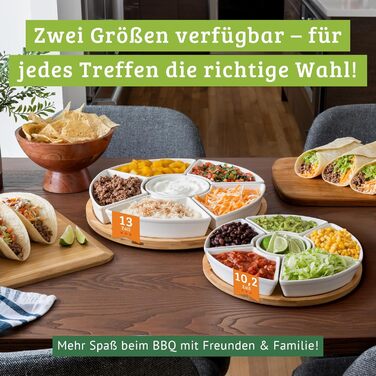 Ceramic Taco Serving Platter - Divided Serving Tray for Taco Tuesday Lazy Susan Taco Bar - Chip and Dip Serving Set for Party - Appetizer Serving Tray for Salsa, Snacks (33 cm)