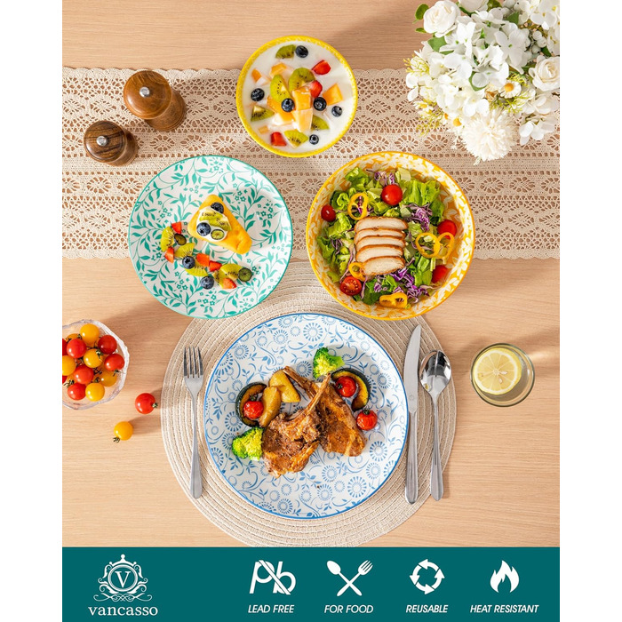 Набір посуду Vancasso Selene для 6 осіб, 24 елементи: тарілки, супові тарілки, миски, десертні тарілки, з пастельного порцеляни, мікрохвильова піч сумісна