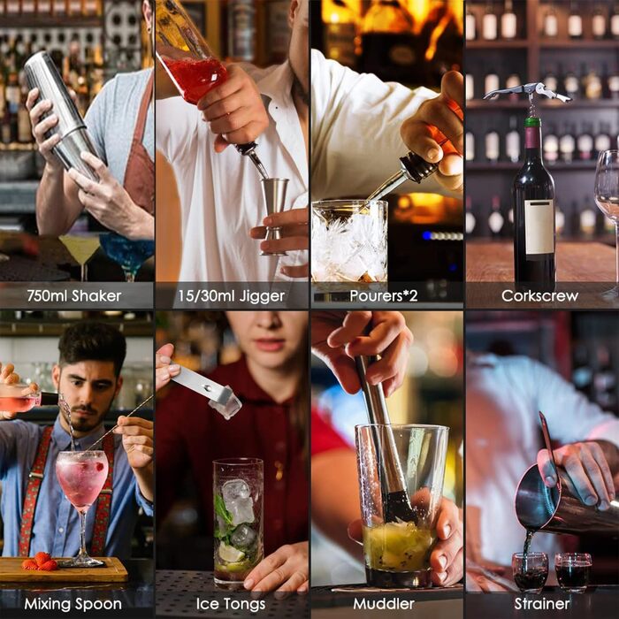 Cocktail Shaker Set, Boston Cocktail Shaker with Stand, 25pcs Bar Accessories Cocktail Mixer Supplies, 750ml Stainless Steel Cocktail Shaker Gifts, Cocktail Decor Bar Counter Pourer Spirits