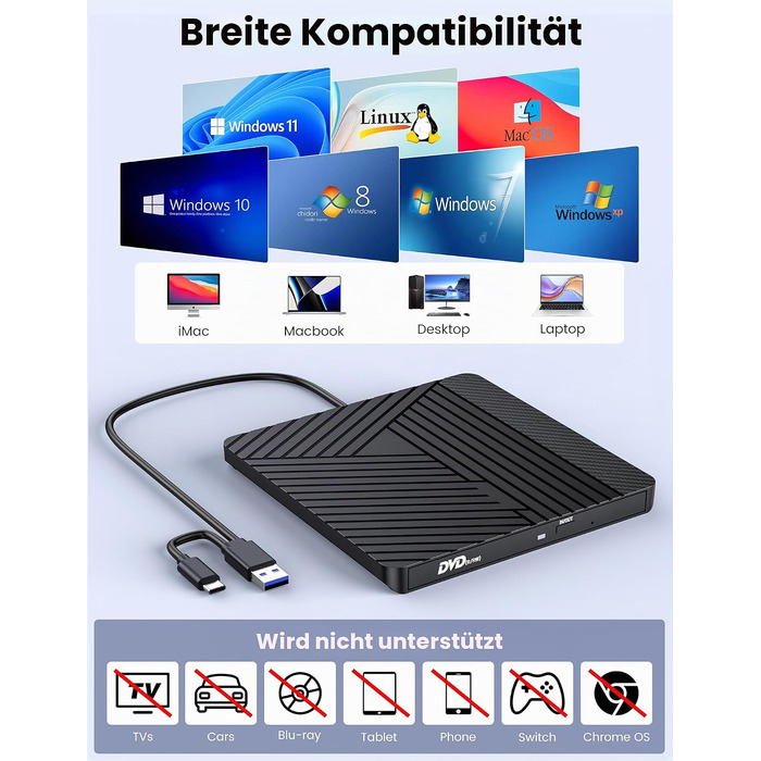 Зовнішній CD/DVD привід MOSWAG USB 3.0 та Type-C, оптичний багатофункціональний накопичувач +/-RW для PC, Mac, MacBook Pro, Linux, Win 11/10, чорний