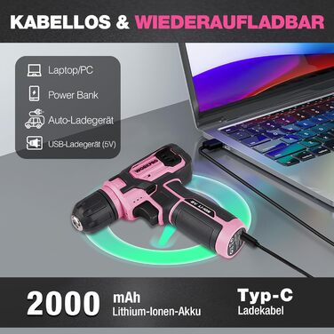 WORKPRO 8V акумуляторний дриль-шуруповерт, комплект з кейсом, 2000 mAh, 10 мм патрон, 12 Н·м, LED-ліхтик, 21 шт. аксесуарів, для ремонту та DIY, сірий & зелений (рожевий & чорний)