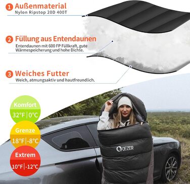 Сплячий мішок пуховий зимовий, 600FP+ преміум пух, 12°C до -24°C, легкий та теплий для 3-4 сезонів, кемпінг, походи та трекінг, чорний