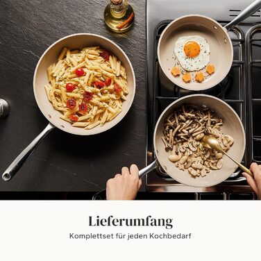 Набір сковорідок Redchef з керамічним покриттям, алюміній, індукційні, 20/24/28 см, для всіх типів плит, без PTFE, PFAS, PFOA, для духовки (24 см, Бежевий)