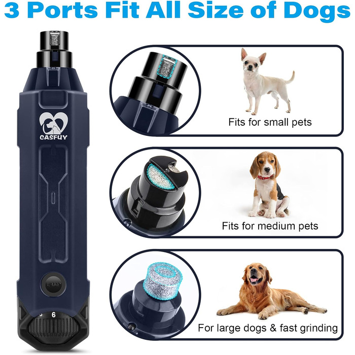 Електричний точило для кігтів собак Casfuy 6-ступінчате - тихе, перезаряджуване, для великих, середніх та малих собак, Navy blue