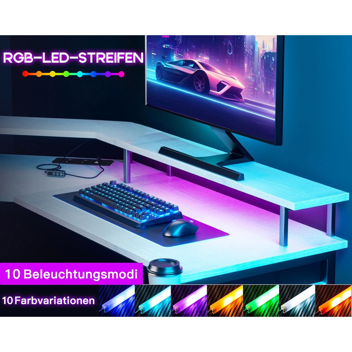Ігровий стіл ODK з LED-підсвіткою, 2 розетками та 2 USB, кутовий білий комп'ютерний стіл з підставкою для монітора 129x129 см для геймінгу та домашнього офісу
