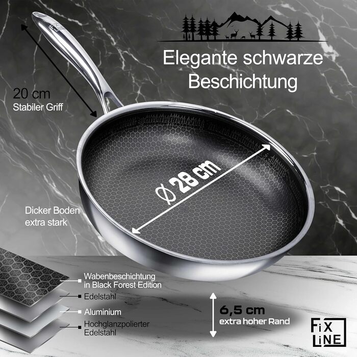 Сковорода FIXLINE Black Forest 28 см з антипригарним покриттям без PFAS - для всіх плит, включаючи індукцію, та духовки (до 230°C)