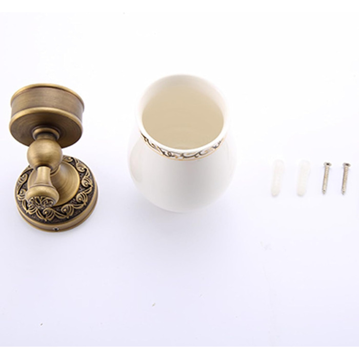 Brass toothbrush holder, antique bronze finish, cup holder with white ceramic cup, wall-mounted, bathroom accessories, patterned carved design