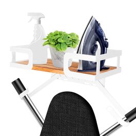 Настінна вішалка для праски та гладильної дошки з металевим кріпленням, кошиком з дерев'яною основою та знімними гачками (T&V-подібні) – білий колір