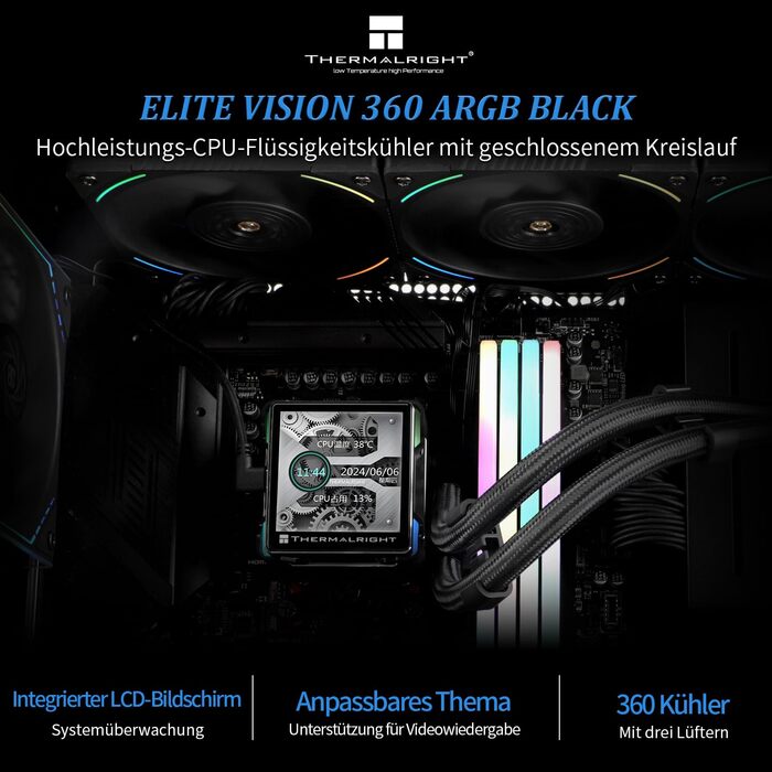Thermalright Elite Vision 360 ARGB - Смарт-системa водяного охолодження CPU з IPS LCD-дисплеєм (320x320), для AM5/Intel 1700/1851, чорний