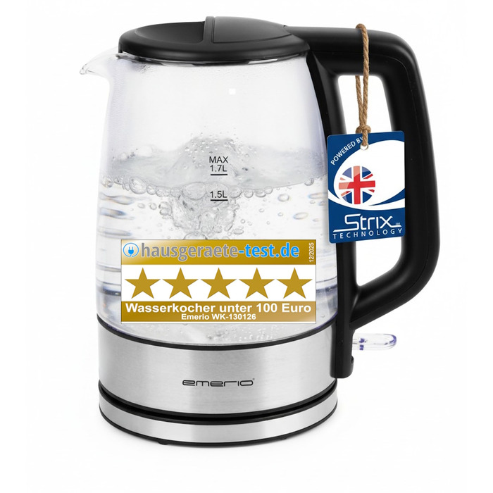 Електричний чайник EMERIO з об'ємом 1.7 л, синя LED-підсвітка, 360° підставка, скло Borosilikat, без BPA | WK-119988.7