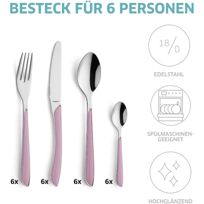 Набір столових приборів Kuppels Prisma для 6 осіб з нержавіючої сталі, 24 шт. | Столовий прибор з пластиковими ручками кольору старорожевого | Нержавіючий, для миття в посудомийній машині