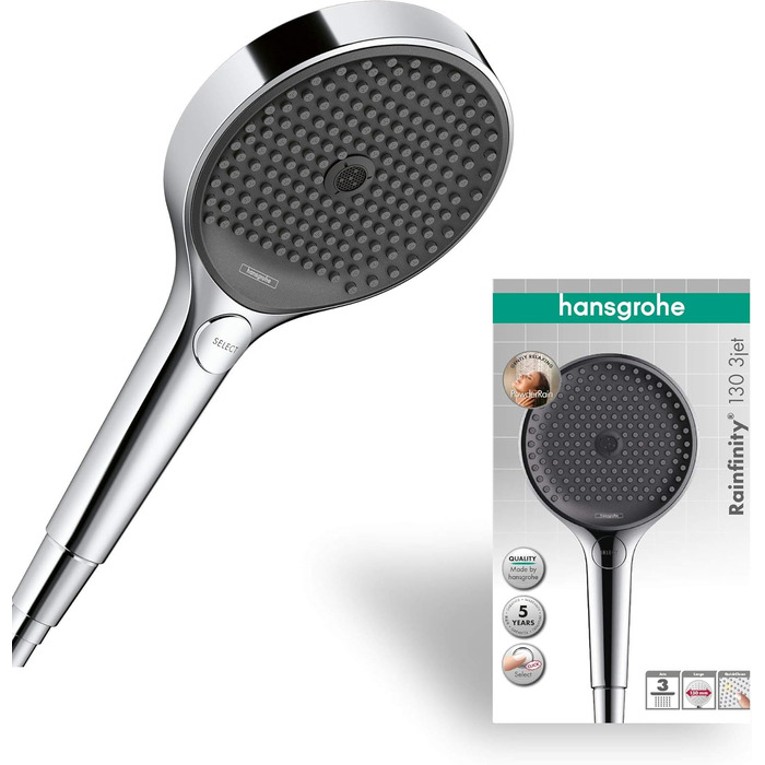 hansgrohe Rainfinity - Showerhead, Hand Shower with 3 Spray Patterns, Round Shower Head (⌀ 130 mm), Shower Head with Anti-Limescale Function, Chrome