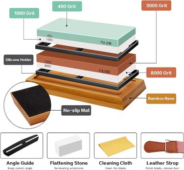 Набір точильних каменів FULUDM для ножів: 400/1000, 3000/8000 - з водою, з антиковзким тримачем