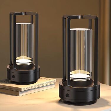 LED-лампа Hapfish на акумуляторі, 3000mAh, USB, бездротова, сучасна, кришталева, з алюмінію, вологостійка, з ручкою, диммер, для ресторану, вулиці, спальні, вітальні (2 шт. чорного кольору)