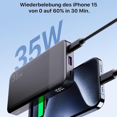 Power Bank Nobis 10000mAh 35W з кабелем USB-C та цифровою індикацією (Чорний)