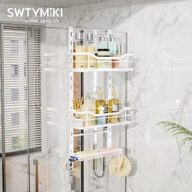 SWTYMIKI Adjustable Hanging Shower Shelf - No-Drill Shower Shelf for Glass Door, Stainless Steel Shower Shelf with Hooks and Soap Holder, Shampoo Holder for Shower, White