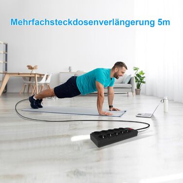 Многорозетка IECOPOWER з USB (PD 20W), захистом від перенапруги, 4000W/16A, 1050 Дж, з вимикачем, 5 м, чорна