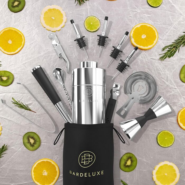 BarDeluxe® 12-Piece Cocktail Set, Bartender Set, Cocktail Mixer Set | 750ml Stainless Steel Cocktail Shaker, Cocktail Shaker Set, Bartender Set | Luxury Cocktail Gift Set (Silver)